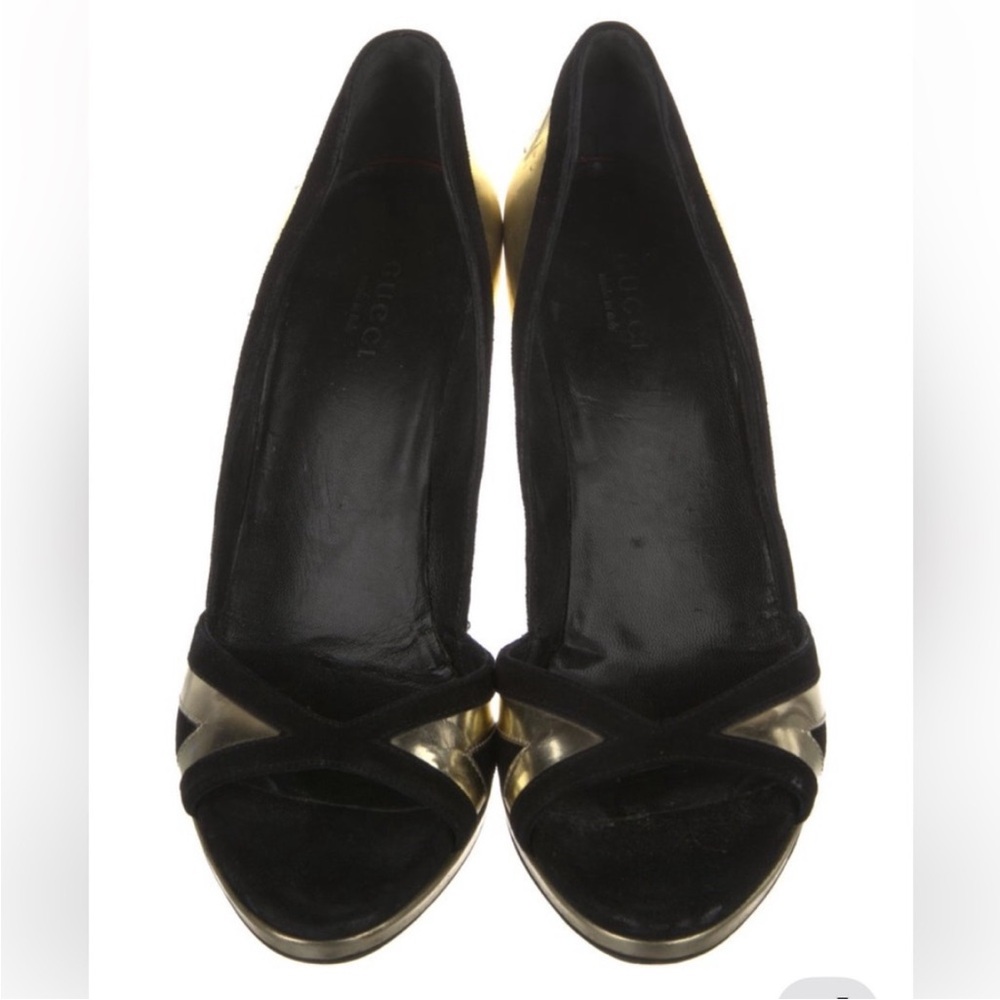 Gucci Black and Metallic Gold Open-Toe Stiletto Pump - Picture 4 of 14